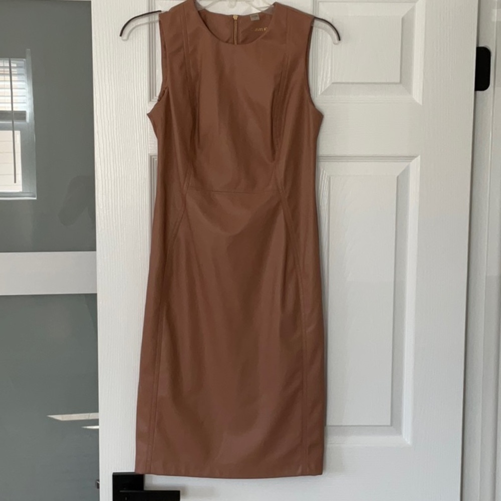 Calvin Klein Tan Faux Leather Sheath Dress with back exposed zipper honey tan